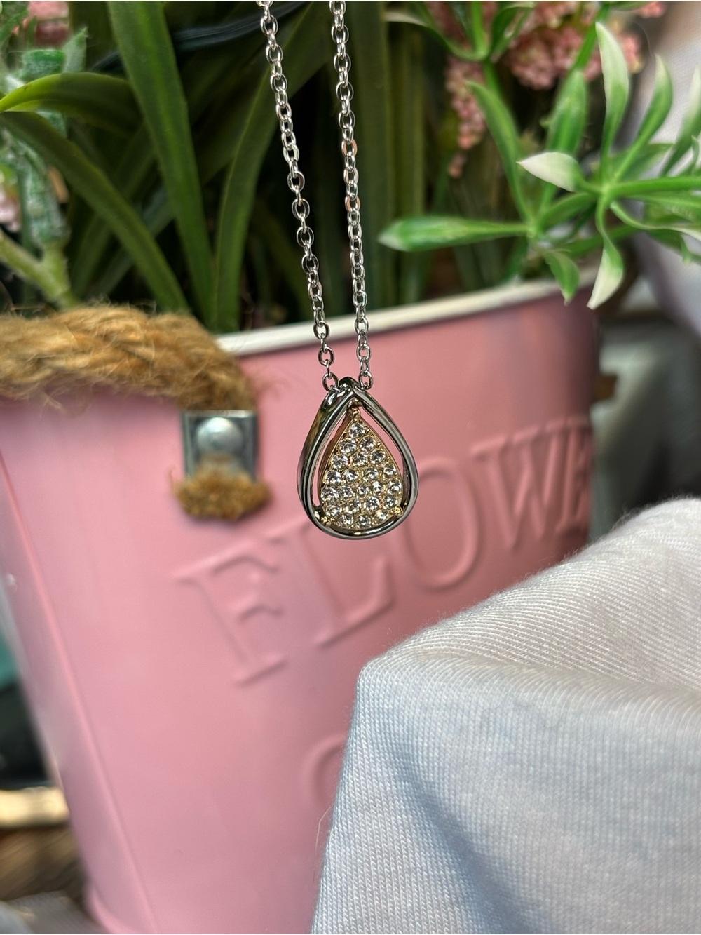 Park Lane Evie Silver and Gold Teardrop Pendant Necklace with Crystals - Picture 7 of 8